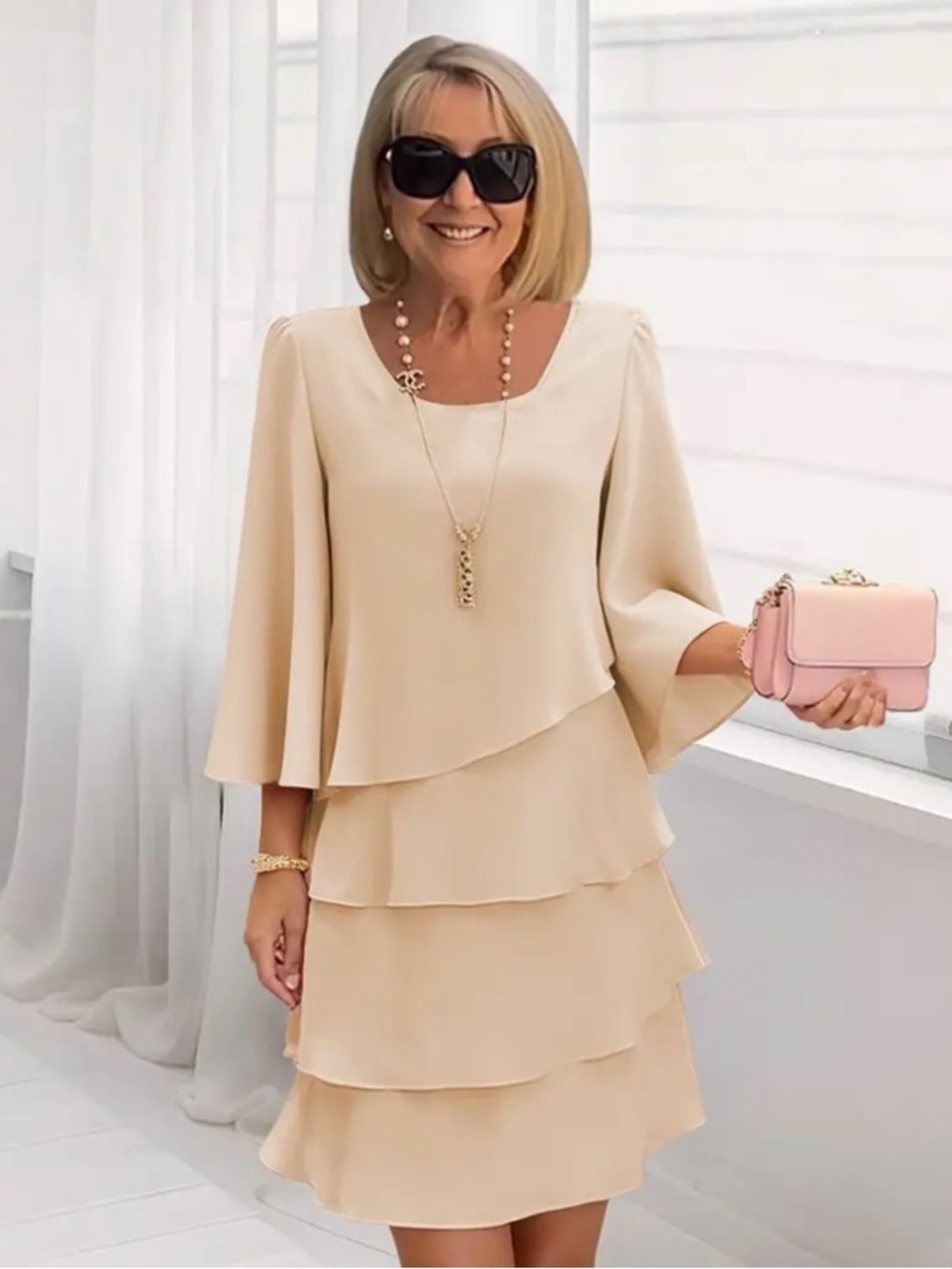 Elegant Cream / Beige Layered Chiffon Dress XL